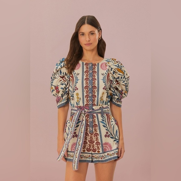 FARM RIO -  NWOT Cream Romantic Lightness Belted Romper size S - Picture 2 of 11